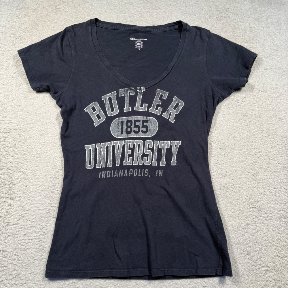 Y2K Champion Butler University Womens Navy Blue V-Neck Tee Tshirt College‎ Small
